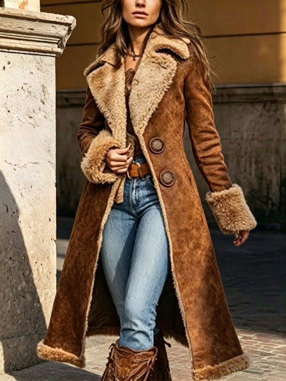Brown Casual Elegant Women's Faux Shearling Long Coat
